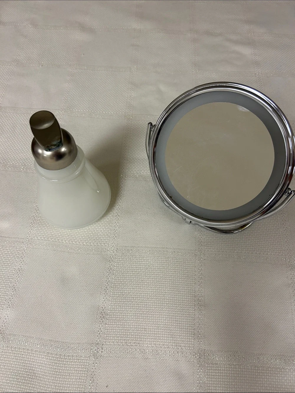 Compact Round Makeup Mirror & White Glass Soap Dispenser